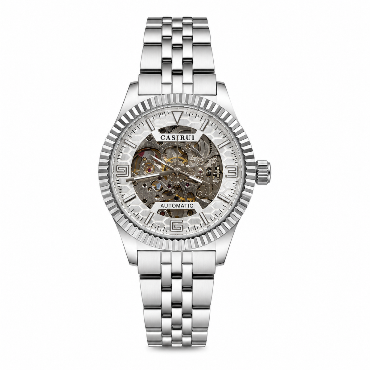 Silver-Tone Casirui Round Automatic Skeleton Watch