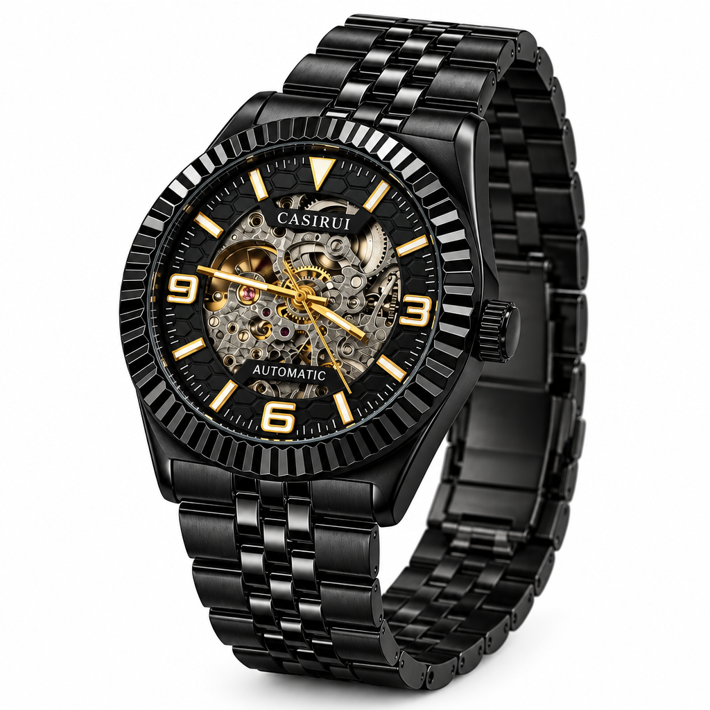 Casirui Automatic Skeleton Watch - Black Ion-Plated Stainless Steel (Black)