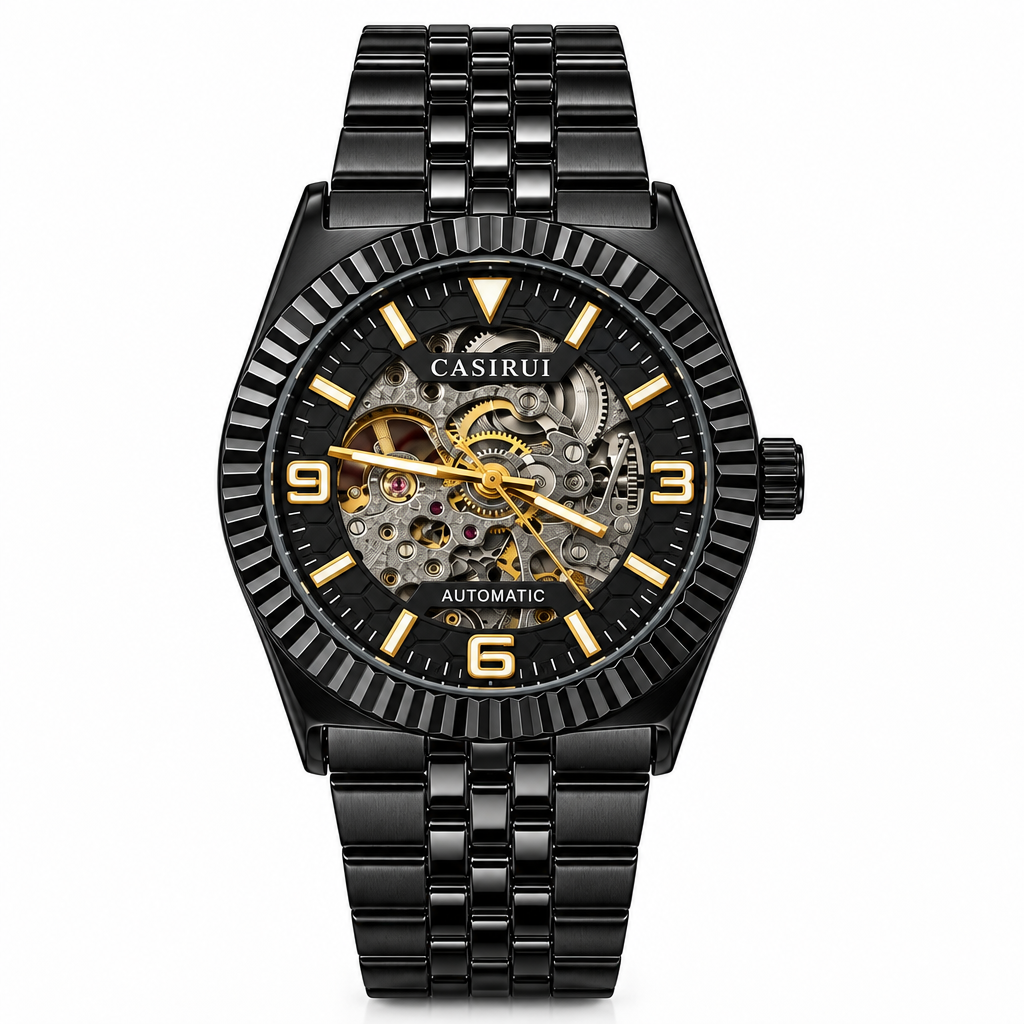 Casirui Automatic Skeleton Watch - Black Ion-Plated Stainless Steel (Black)