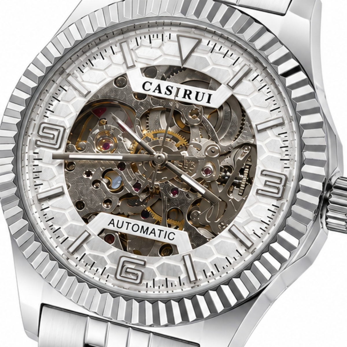 Silver-Tone Casirui Round Automatic Skeleton Watch